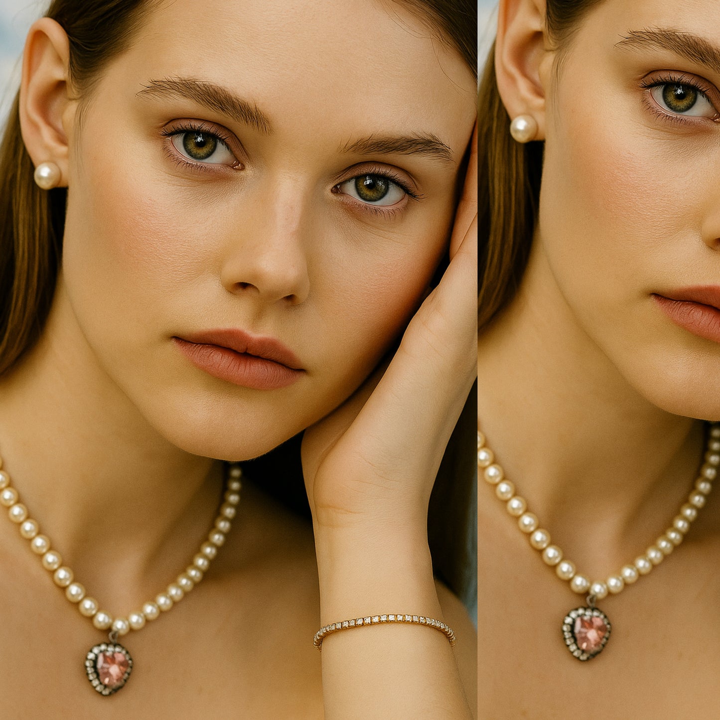 Elegant Pearl Jewelry Set – Pink Heart Pendant Necklace, Bracelet & Stud Earrings.
