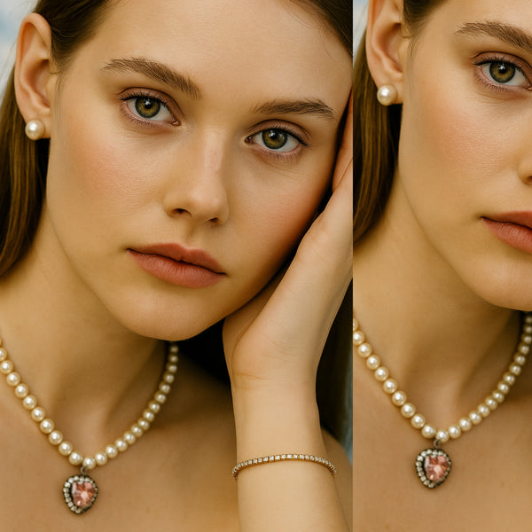Elegant Pearl Jewelry Set – Pink Heart Pendant Necklace, Bracelet & Stud Earrings.