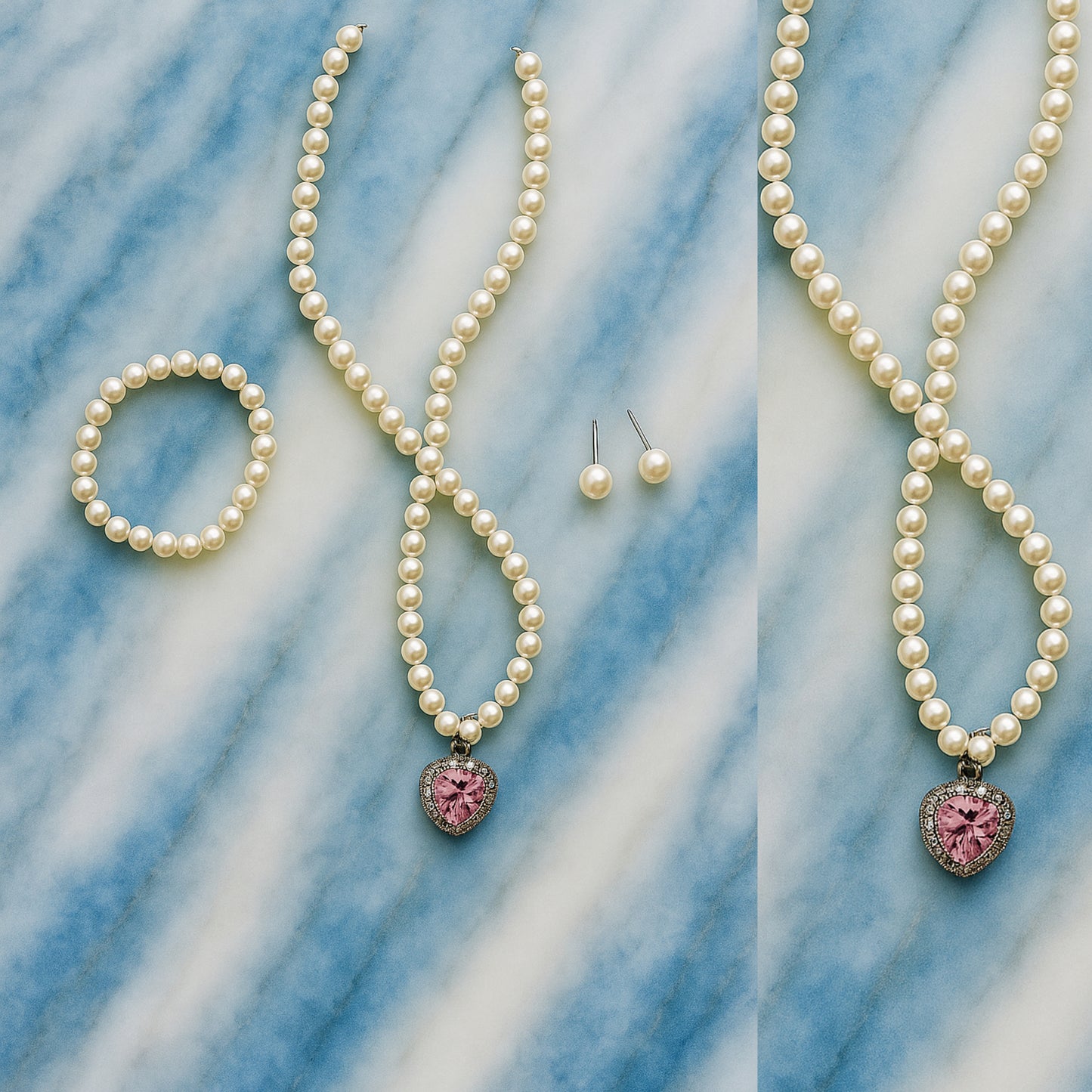 Elegant Pearl Jewelry Set – Pink Heart Pendant Necklace, Bracelet & Stud Earrings.
