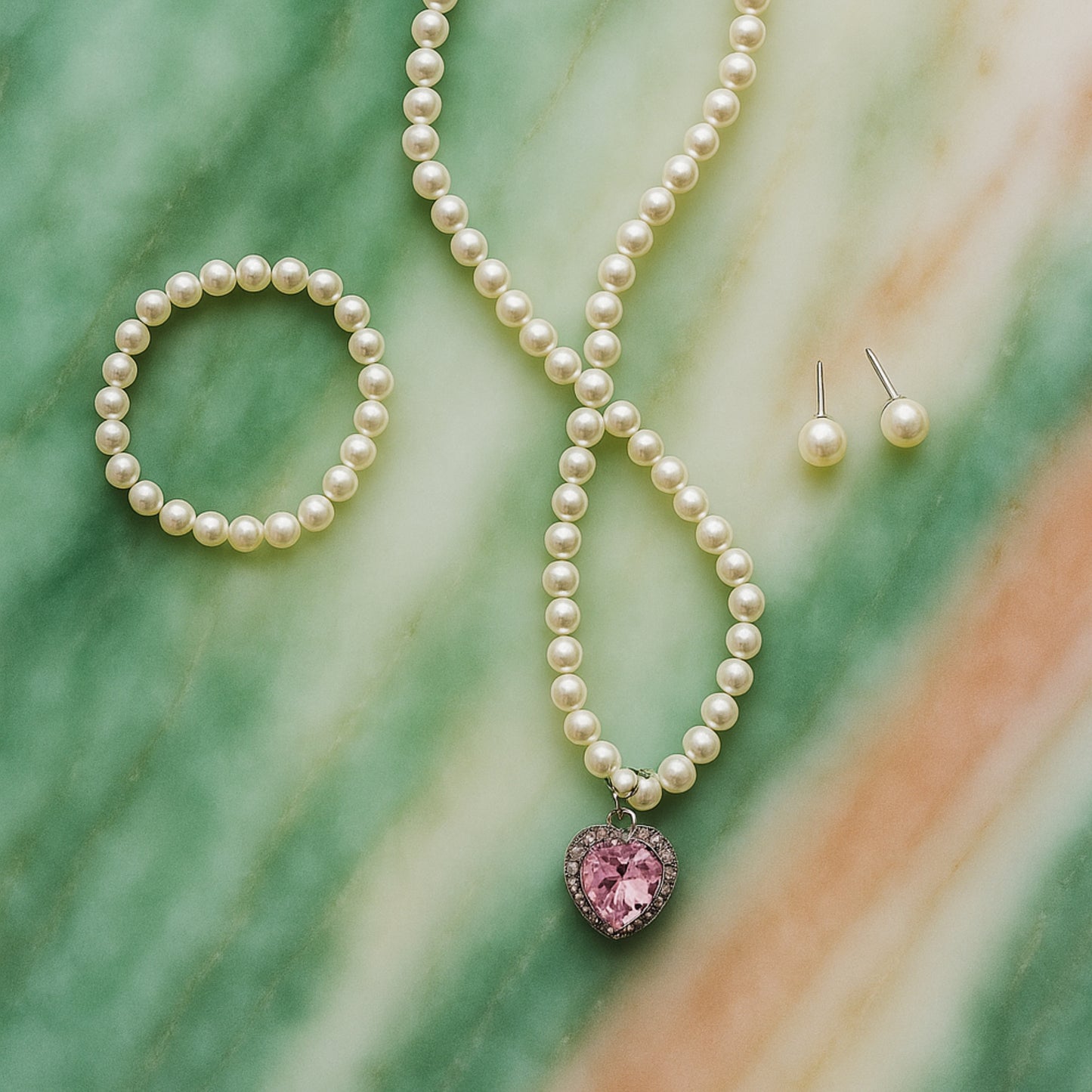 Elegant Pearl Jewelry Set – Pink Heart Pendant Necklace, Bracelet & Stud Earrings.