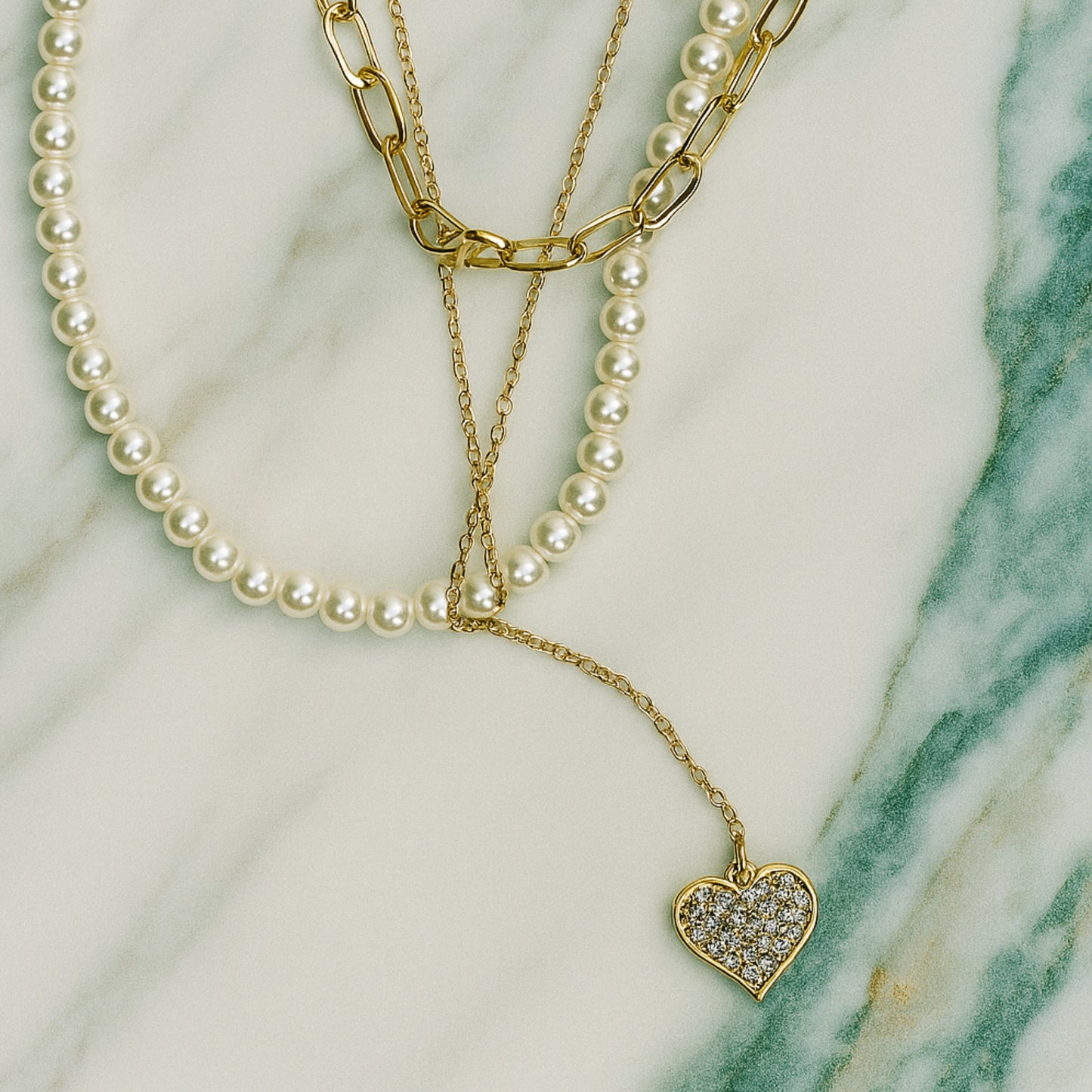 Triple Layer Heart Pendant Necklace – Gold & Pearl Stack with Sparkling Heart Charm