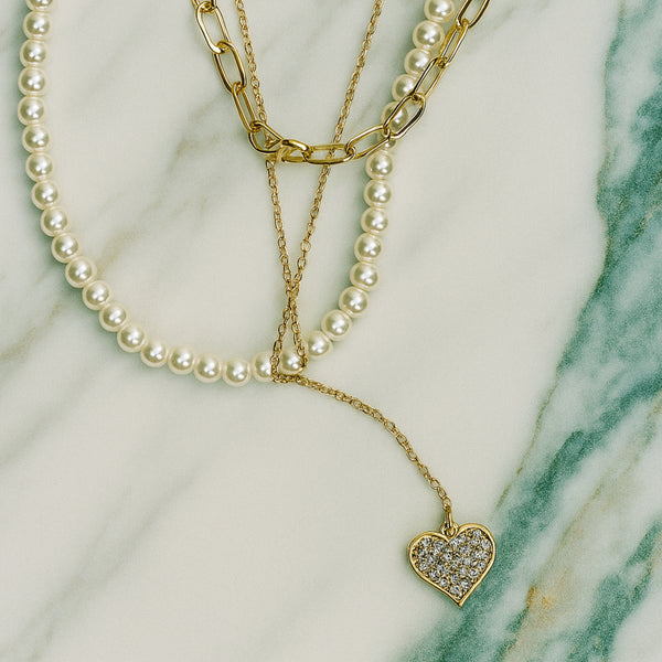 Triple Layer Heart Pendant Necklace – Gold & Pearl Stack with Sparkling Heart Charm