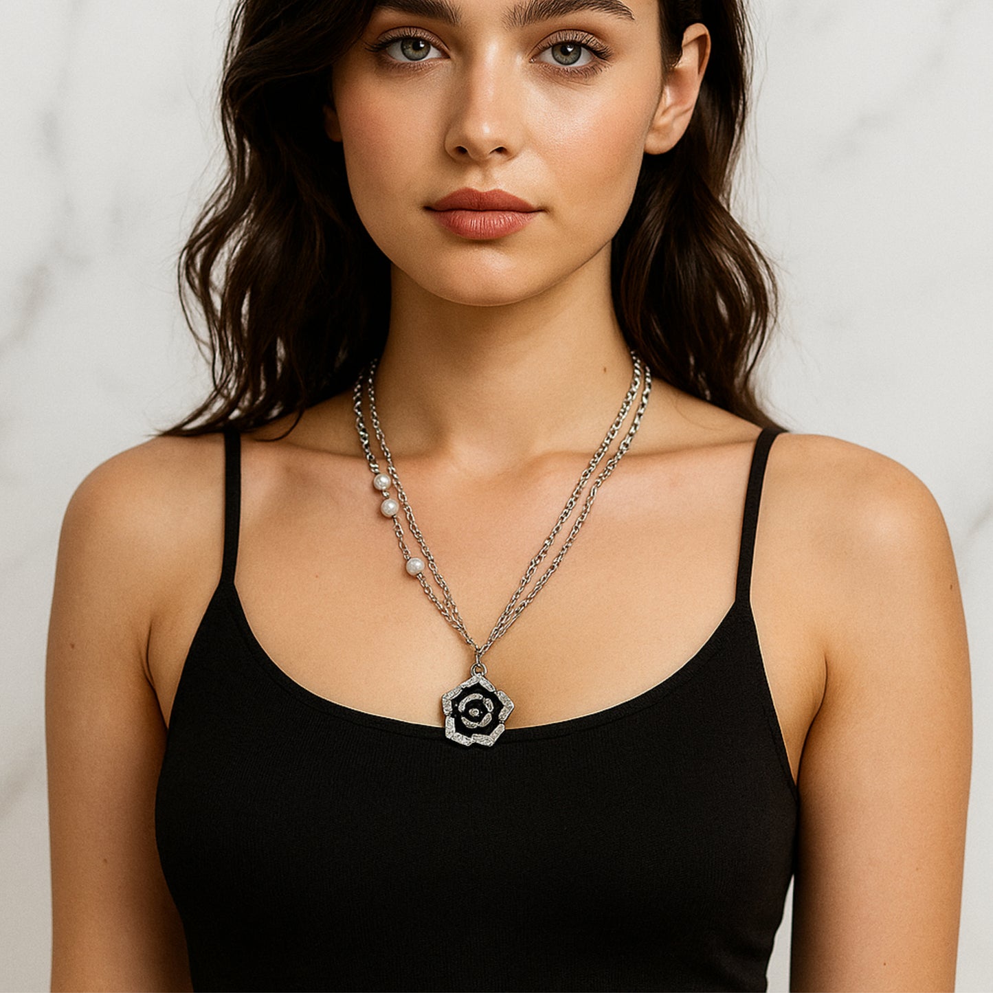 Pearl and Rose Charm Necklace.