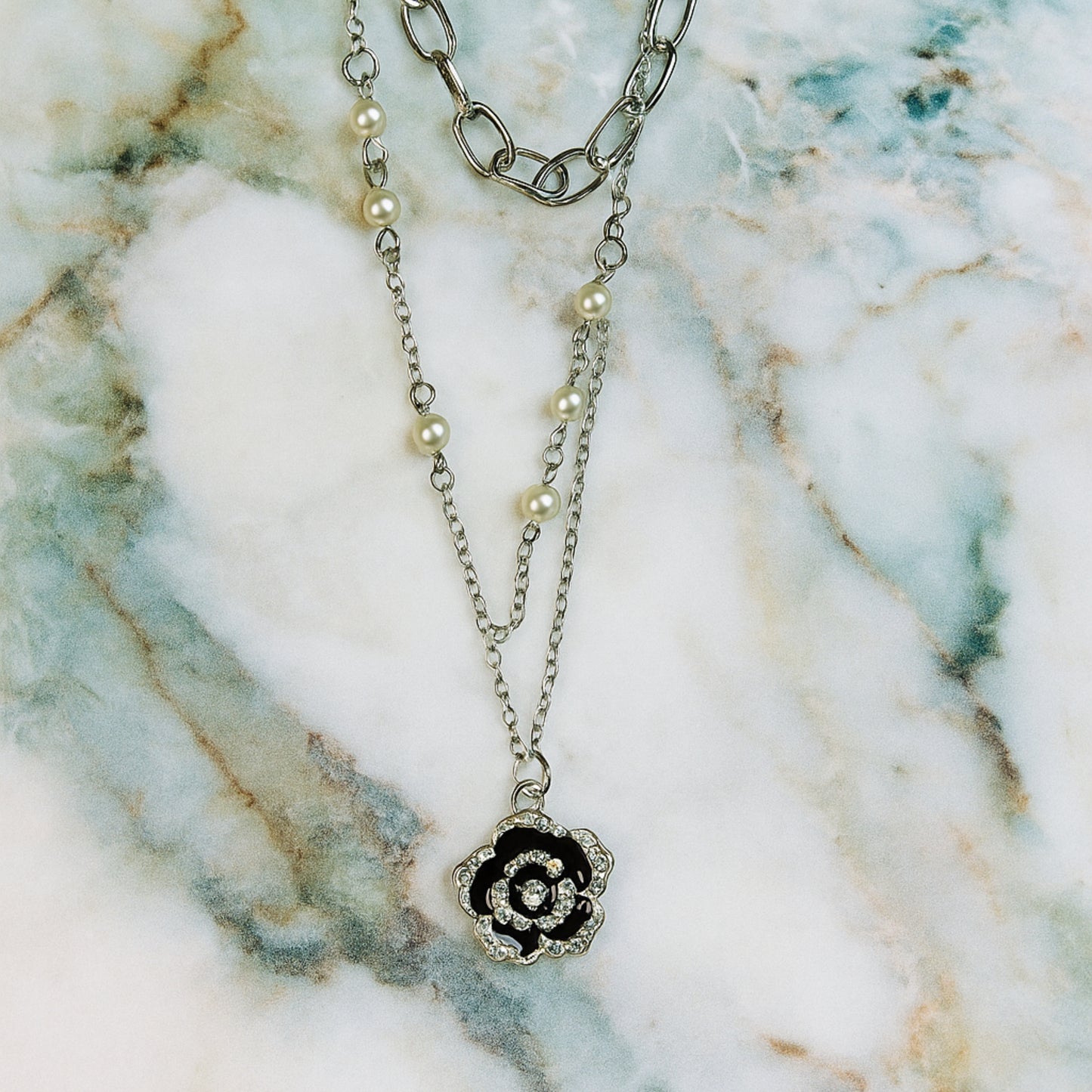 Pearl and Rose Charm Necklace.