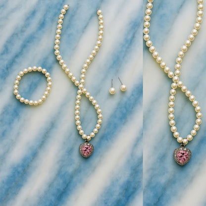 Elegant Pearl Jewelry Set – Pink Heart Pendant Necklace, Bracelet & Stud Earrings.