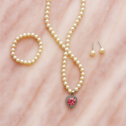 Elegant Pearl Jewelry Set – Pink Heart Pendant Necklace, Bracelet & Stud Earrings.