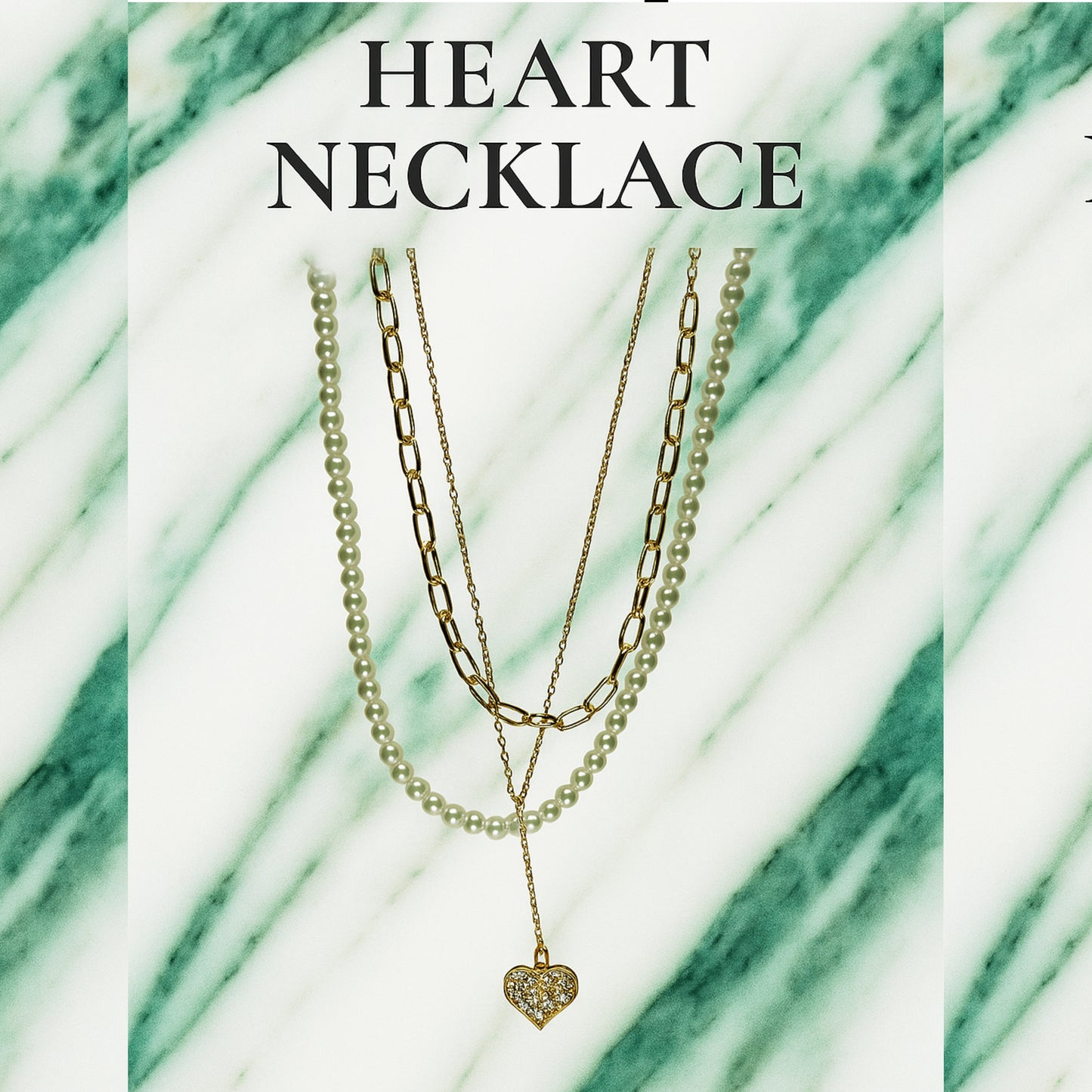 Triple Layer Heart Pendant Necklace – Gold & Pearl Stack with Sparkling Heart Charm