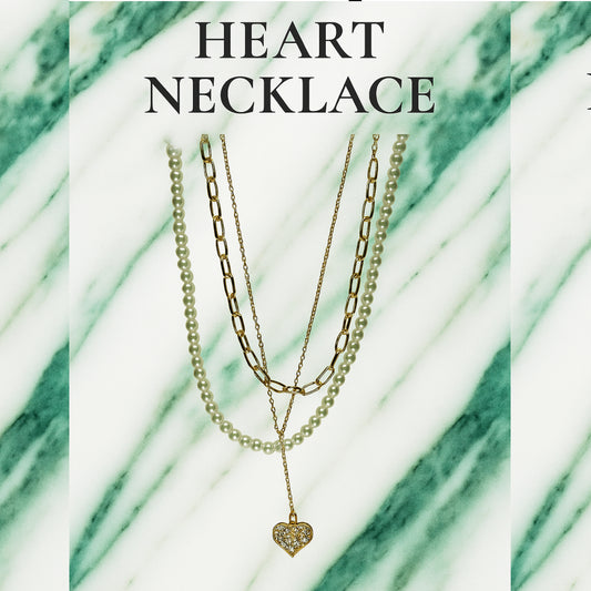 Triple Layer Heart Pendant Necklace – Gold & Pearl Stack with Sparkling Heart Charm